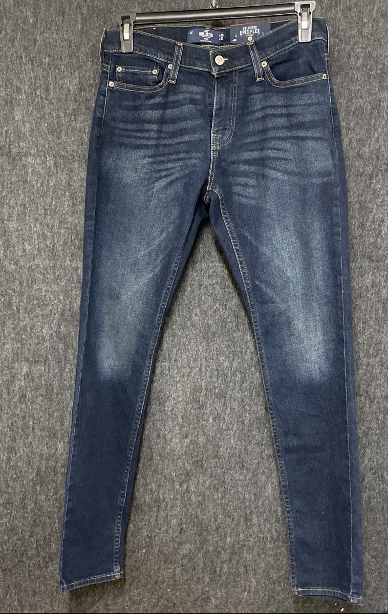 Hollister Men's Epic Flex Skinny Jeans Dark Wash Faded Whiskering NWT 30x32
