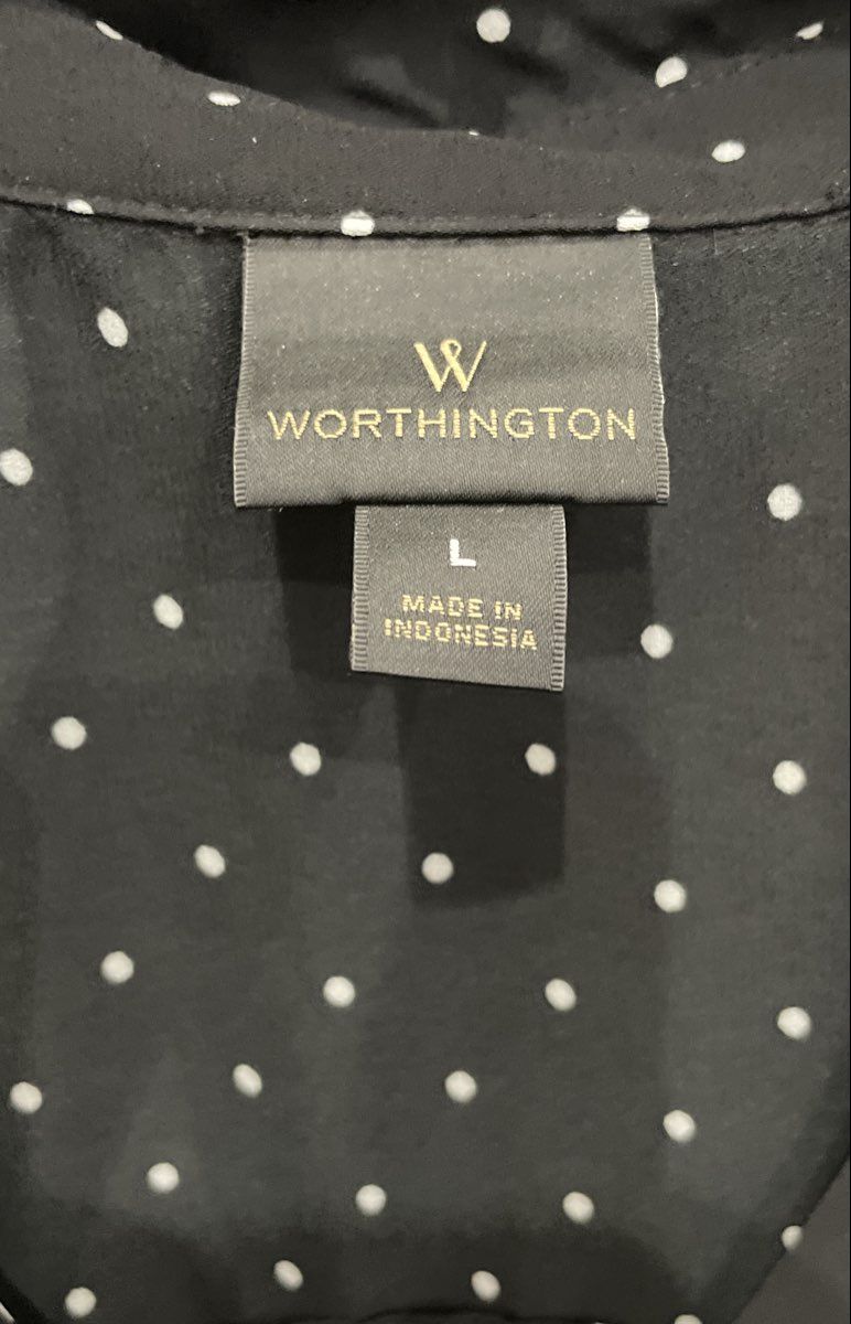 Worthington Women's Black Polkadot Button Up Tie Sleeve Blouse Size L