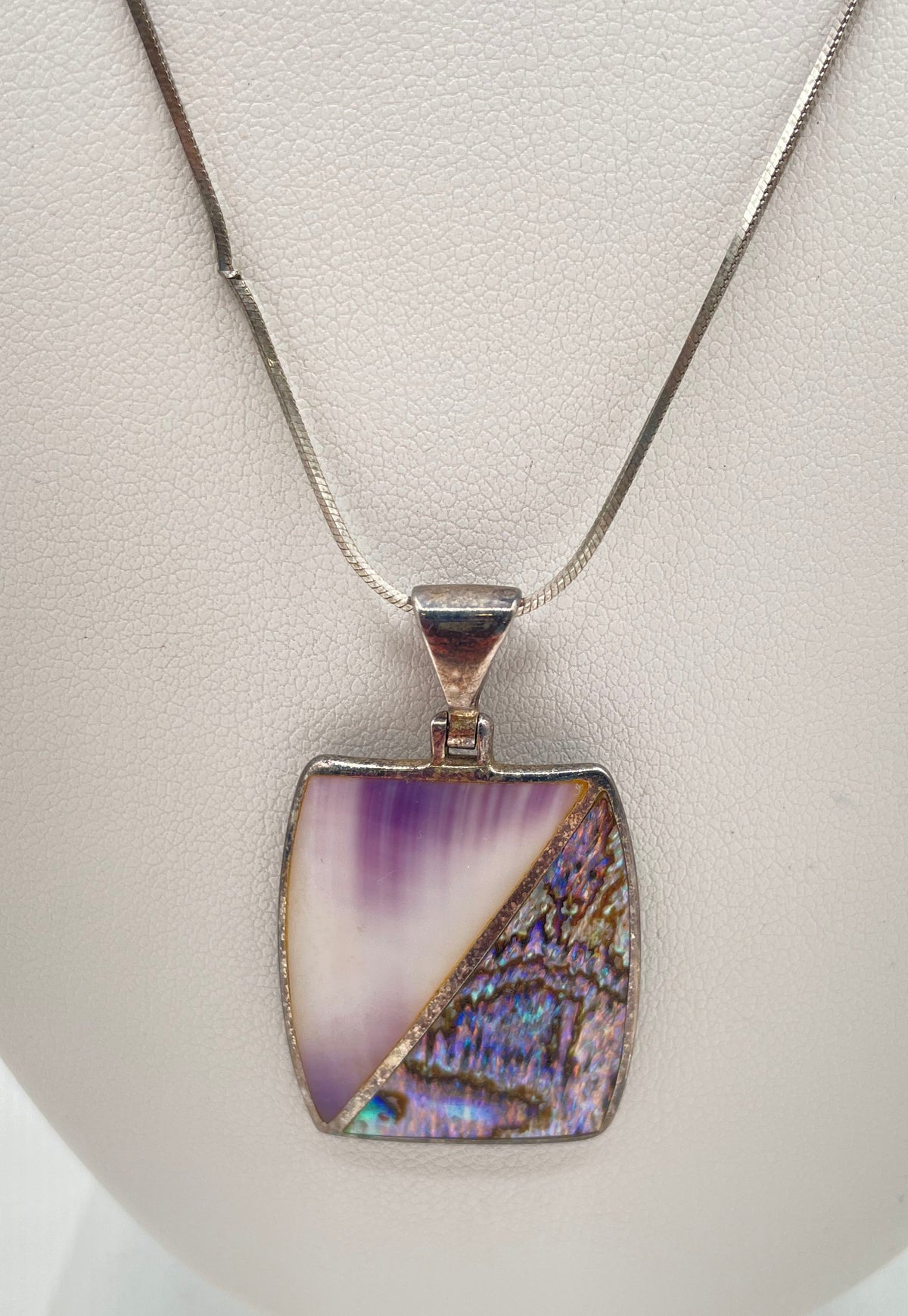 925 Sterling Silver Wampum & Abalone Shell Split Pendant Necklace 8.5g