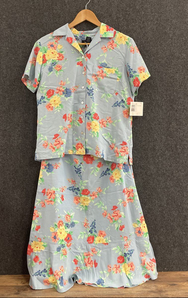 Crazy Horse Women's 2 Piece Floral Shirt Skirt Set Blue Vintage 90s Sz S 10P