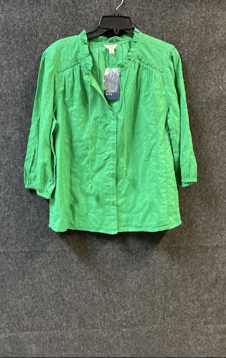 Crown & Ivy Women's Green Leaf Clip Dot Ruffle Neck Tassel Blouse NWT Sz 1X