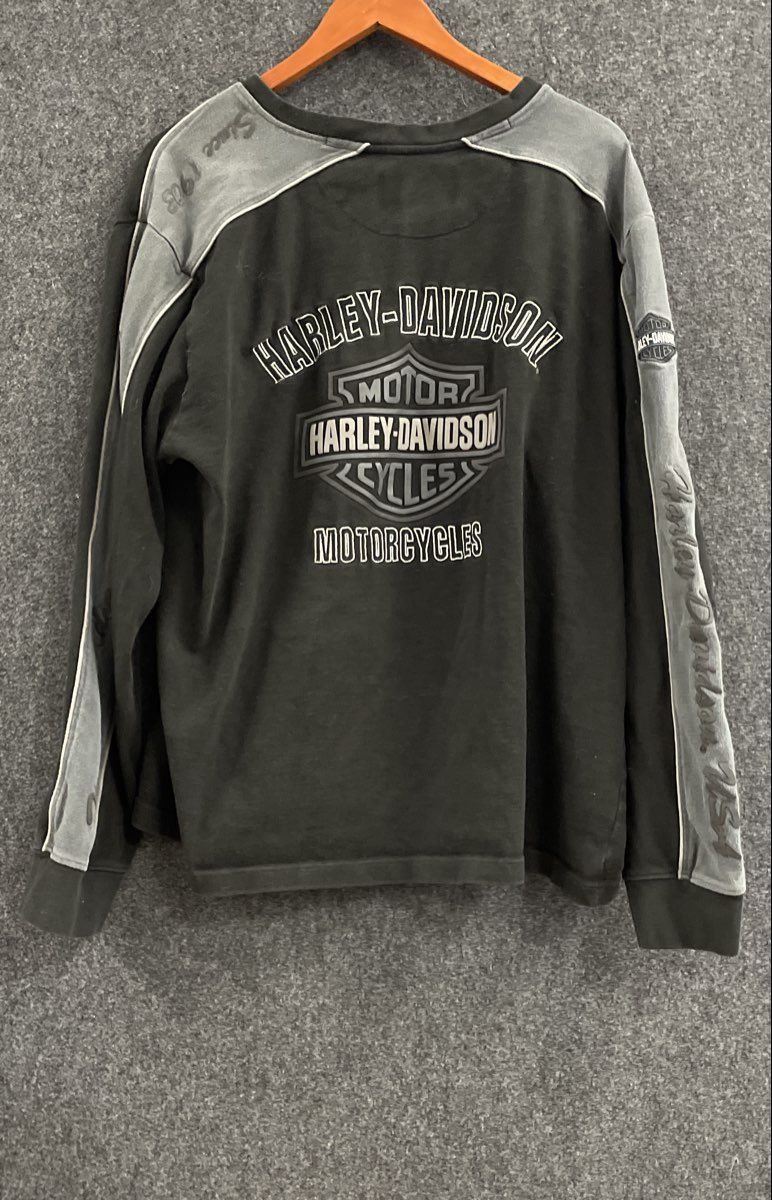 Harley-Davidson Motorcycles Long Sleeve V-Neck Jersey Shirt Black Grey Sz XL