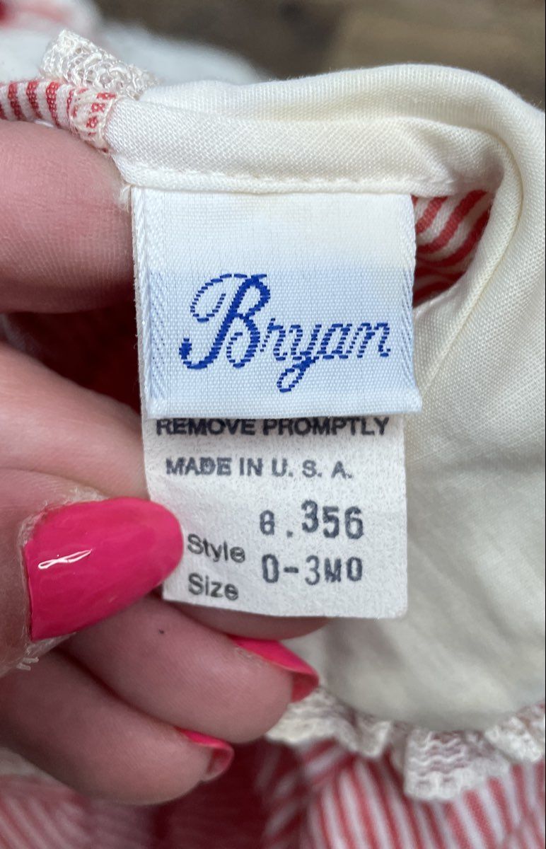 Vintage 80s Bryan Baby Dress Set Red White Striped Lace Pinafore USA Sz 0-3M