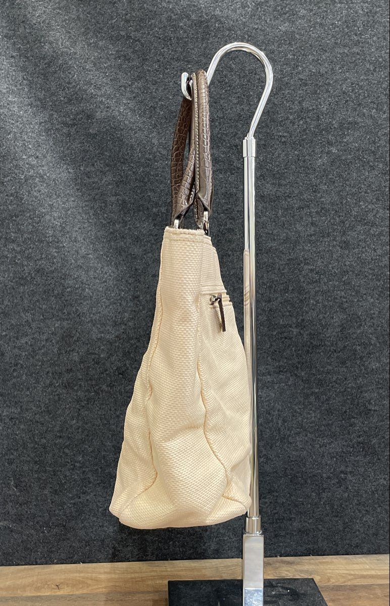 Croft & Barrow Cream Woven Fabric Tote Bag Brown Faux Croc Trim Large