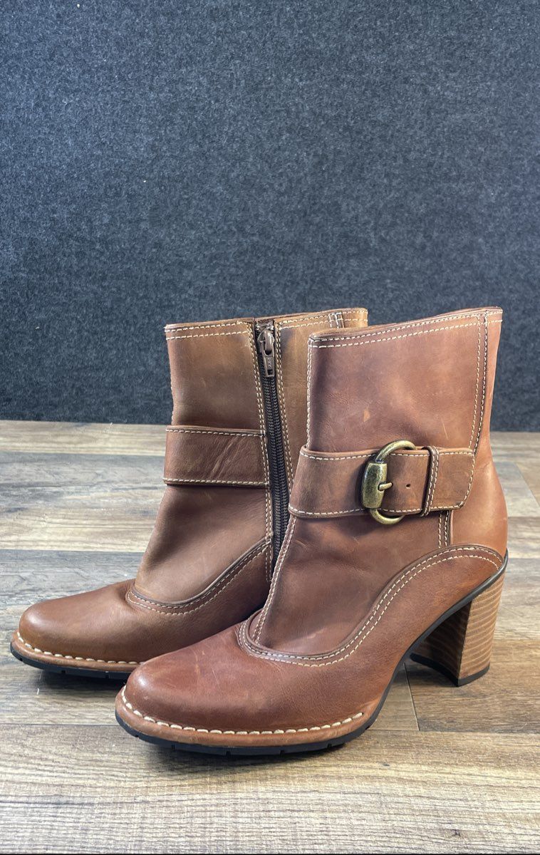 Indigo by Clarks Brown Leather Buckle Zip Chunky Heel Ankle Boots