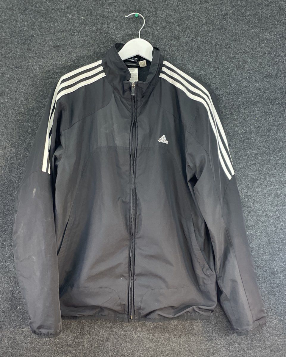 Adidas Men's Black Full-Zip Hooded Windbreaker Jacket White 3-Stripe Sz M