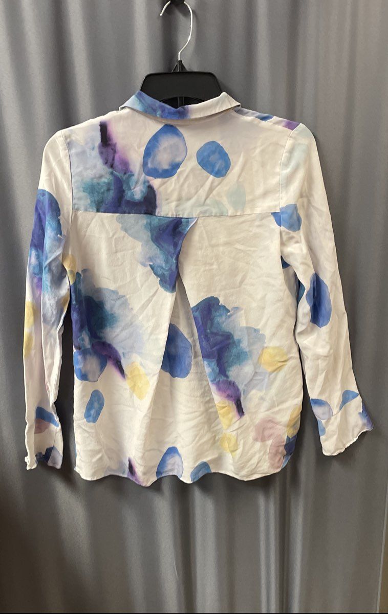 Cacharel Women's White Multicolor Silk Watercolor Abstract Blouse Shirt Sz 36