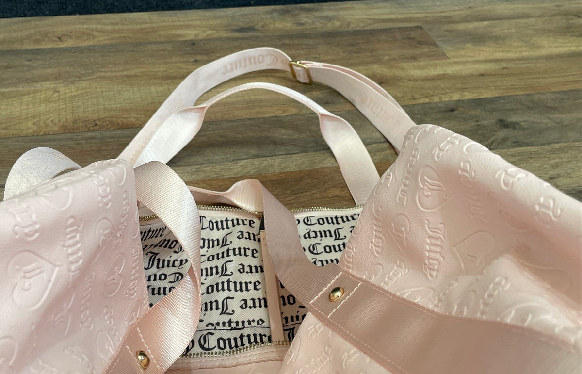 Juicy Couture Pink Leather Embossed Logo Duffle Weekender Travel Bag Large