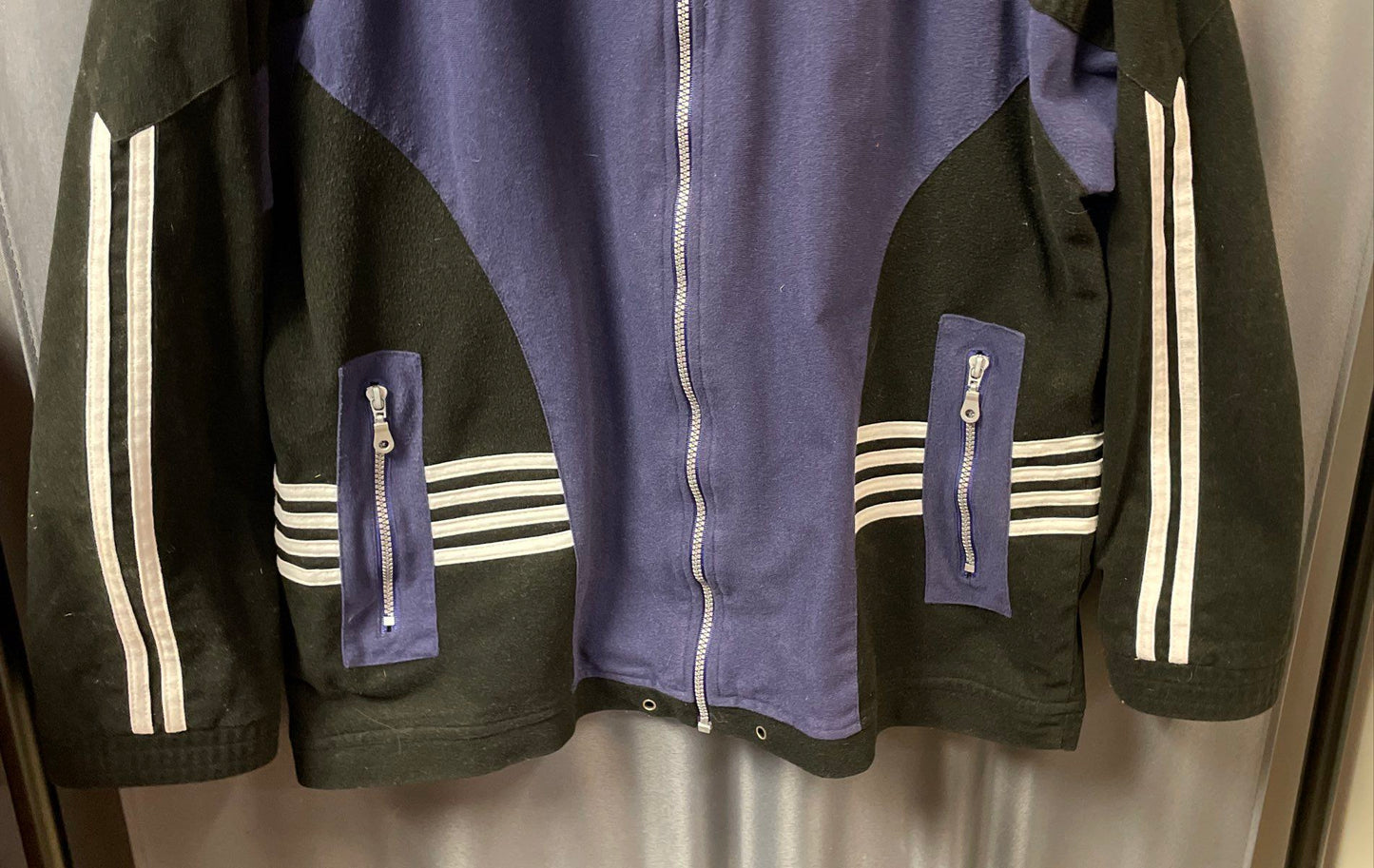 Vintage 90s J.G. Hook Men's Black Blue Full Zip Fleece Jacket Striped Sz M