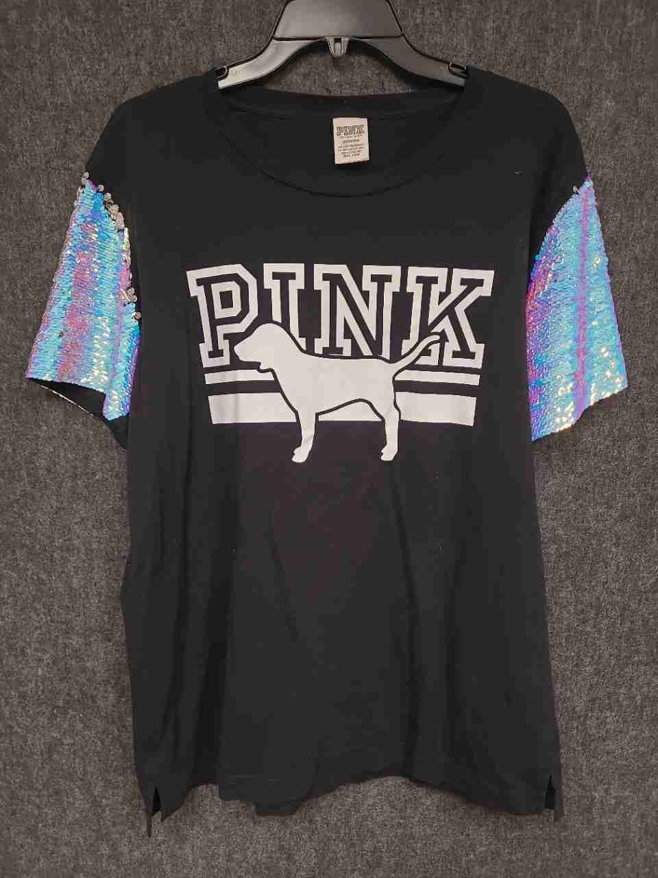 Victoria's Secret PINK Women's Black Sequin Short Sleeve T-Shirt Dog Logo Sz L
