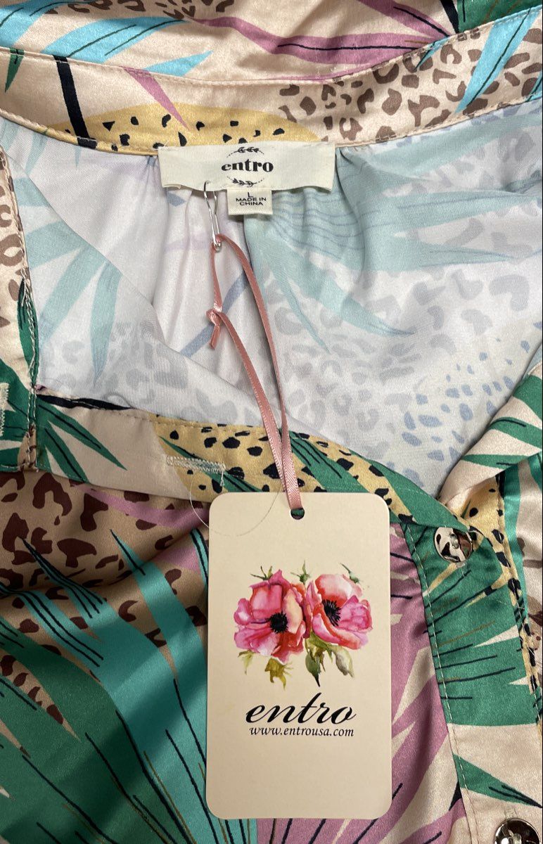 Entro Women's Tropical Leopard Print Button Up Peplum Top Blouse Sz L NWT
