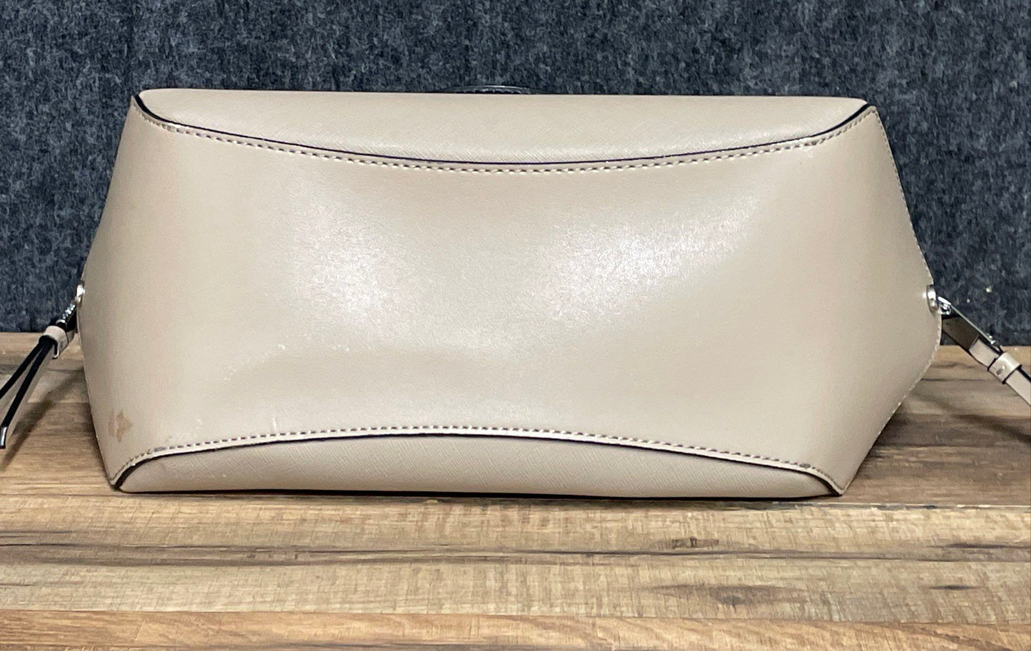 Calvin Klein Beige Black Saffiano Leather Susan Satchel Bag Silver Hardware