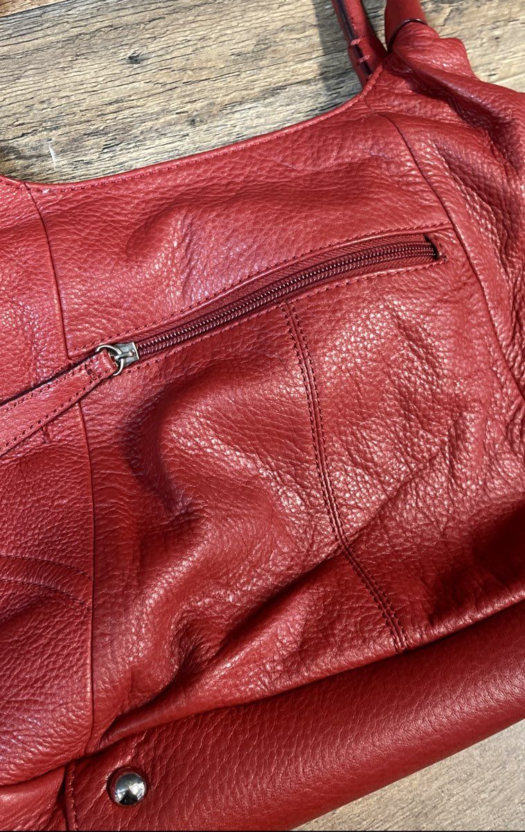 Isaac Mizrahi Red Pebbled Leather Shoulder Bag Purse Silver Hardware