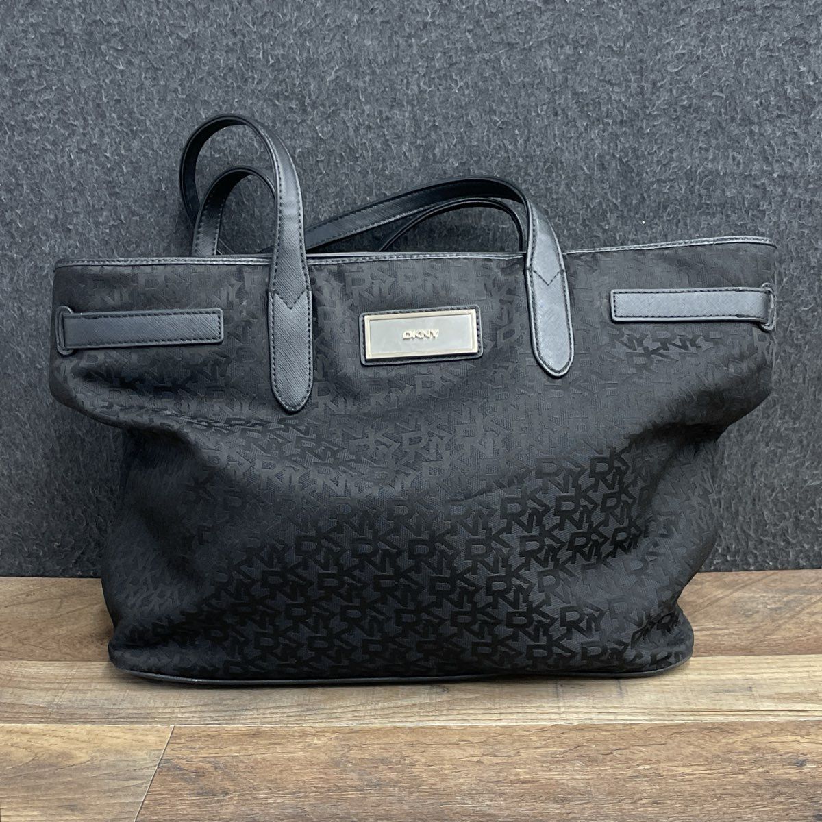 DKNY Black Monogram Logo Jacquard Tote Bag Large Silver Hardware