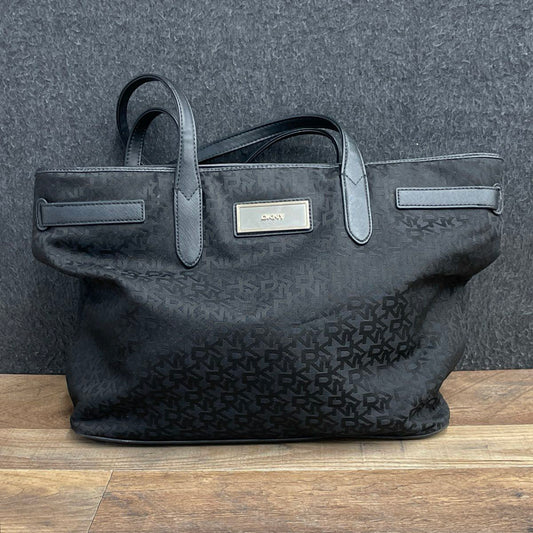 DKNY Black Monogram Logo Jacquard Tote Bag Large Silver Hardware