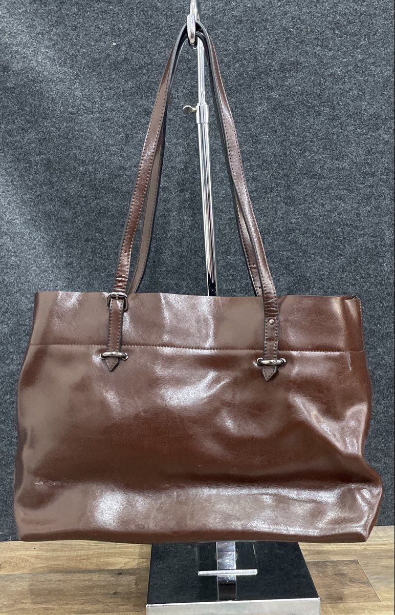 FZone Brown Leather Large Tote Shoulder Bag Silver Hardware Pocket