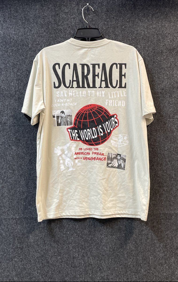 Scarface Movie Graphic T-Shirt Tony Montana The World Is Yours Cream Sz L
