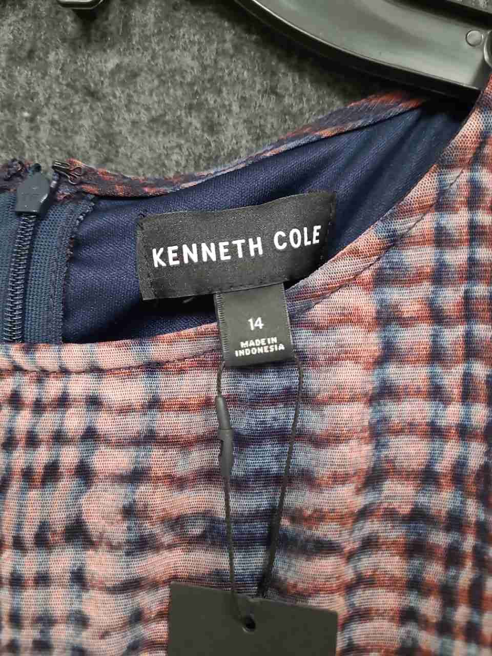 Kenneth Cole Women's Dark Navy Multi Ruched Mesh Sleeveless Maxi Dress Sz 14 NWT