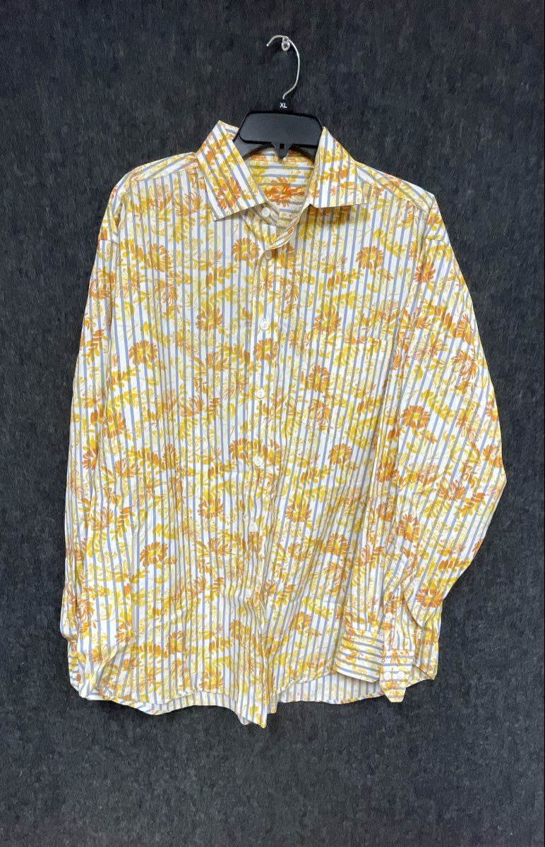 Bugatchi Uomo Men's Long Sleeve Button Down Shirt Yellow Orange Floral Stripe L