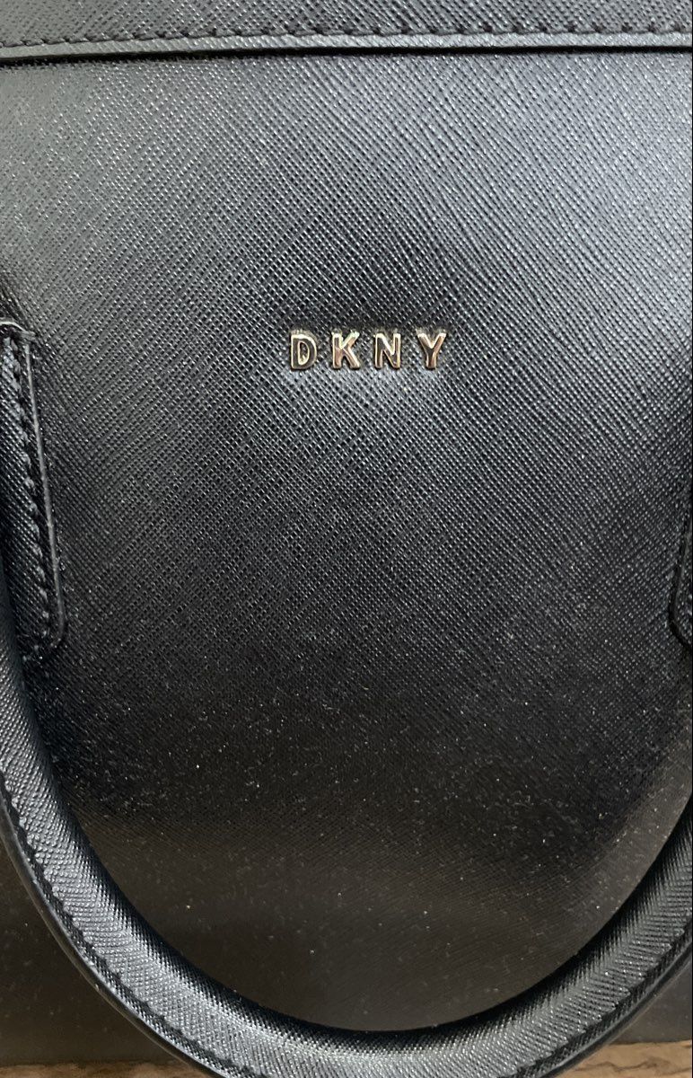 DKNY Black Saffiano Leather Dome Satchel Bag Silver Hardware Charm
