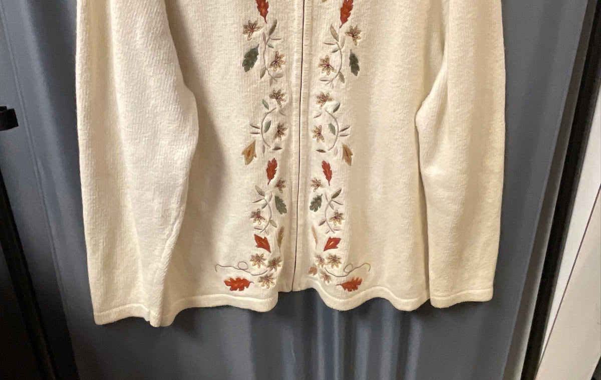 Croft & Barrow Women's Cream Embroidered Autumn Leaves Cardigan Sz 2X