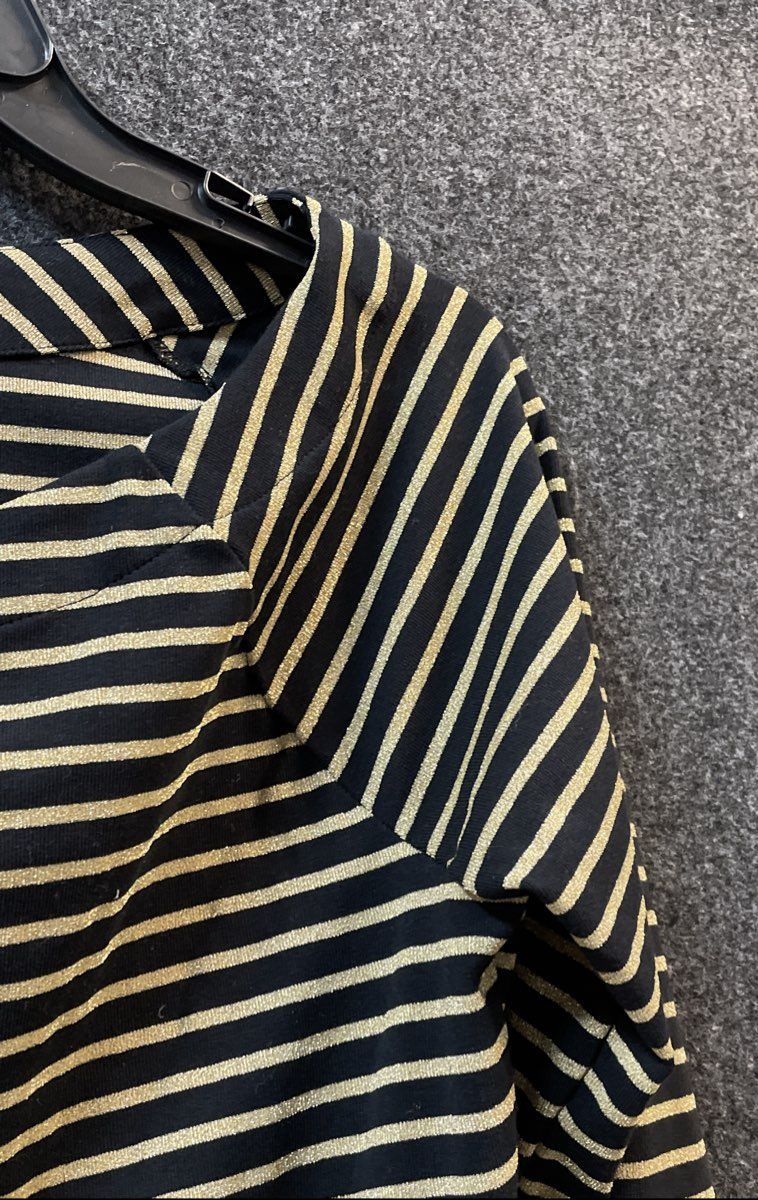 Lauren Ralph Lauren Women's Black Gold Metallic Striped Boat Neck Top Sz L