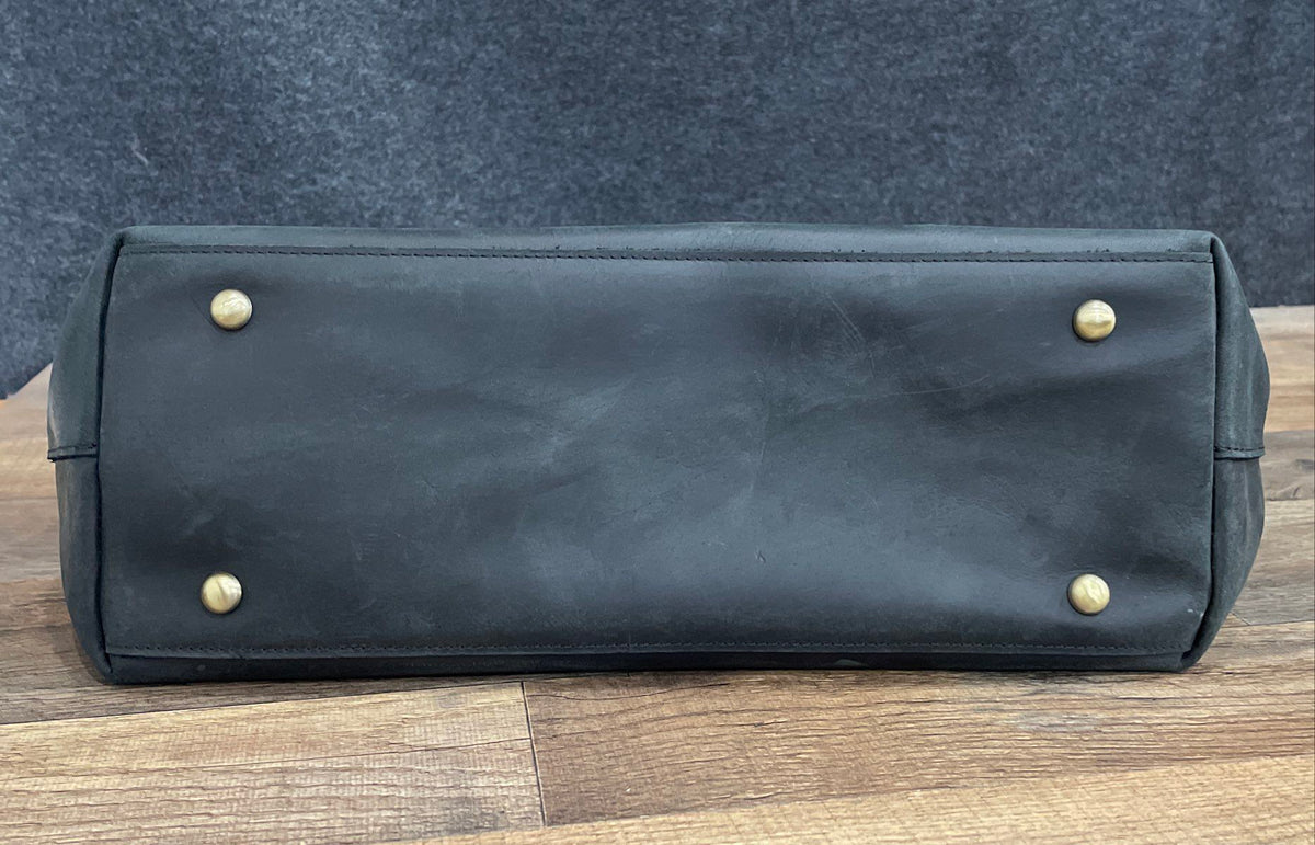Black Leather Large Tote Bag Brass Hardware Magnetic Flap Handbag