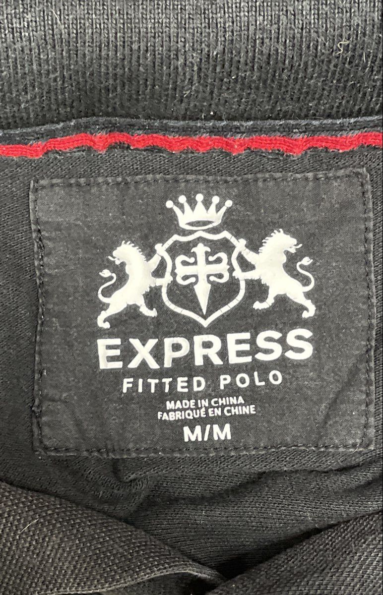 Express Men's Fitted Polo Shirt Black Cream Lion Crest Colorblock Cotton Sz M