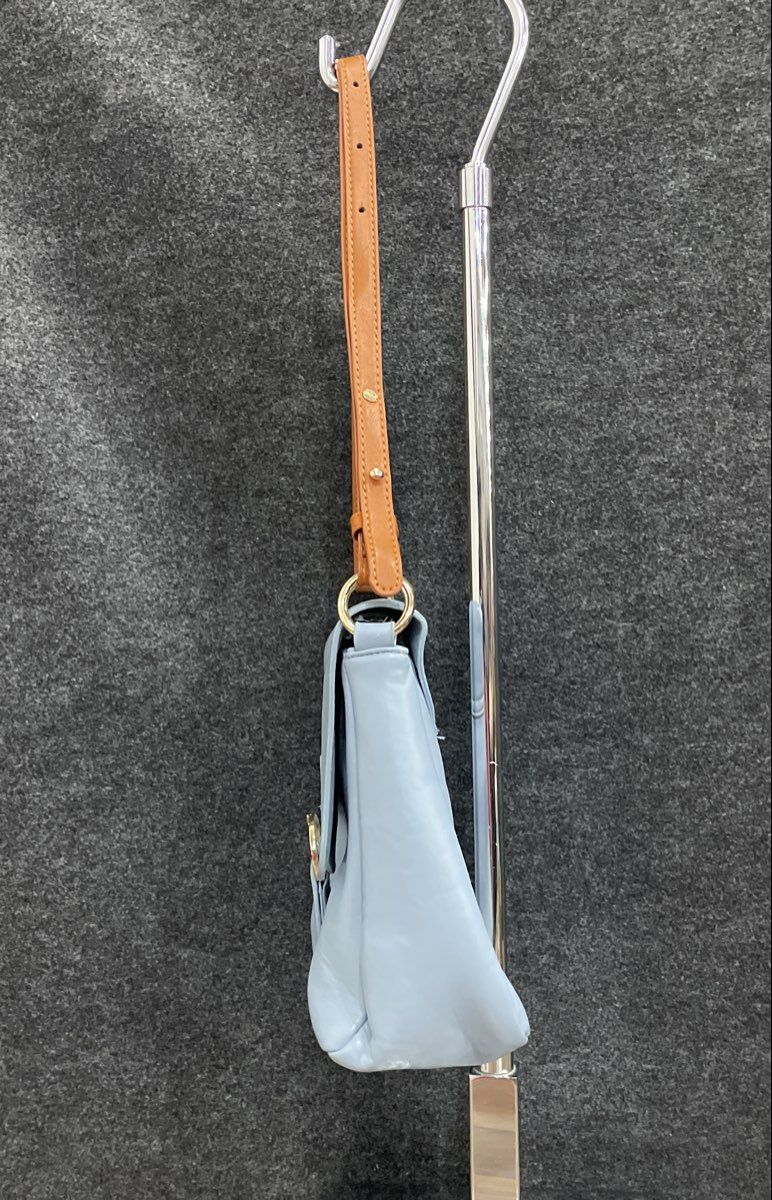 Light Blue Faux Leather Shoulder Bag Tan Adjustable Strap Gold Hardware 13x10