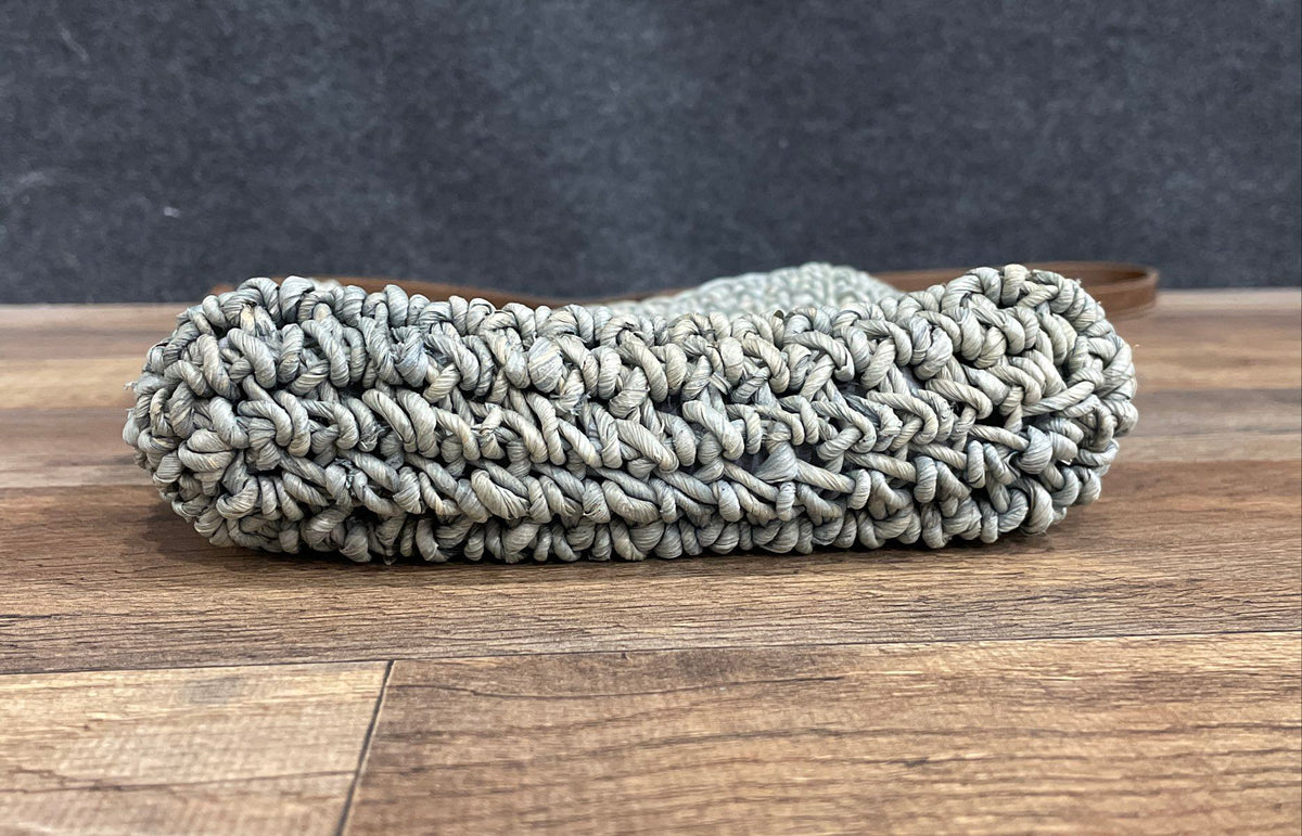 Grey Woven Crochet Mini Crossbody Bag Brown Faux Leather Strap Small