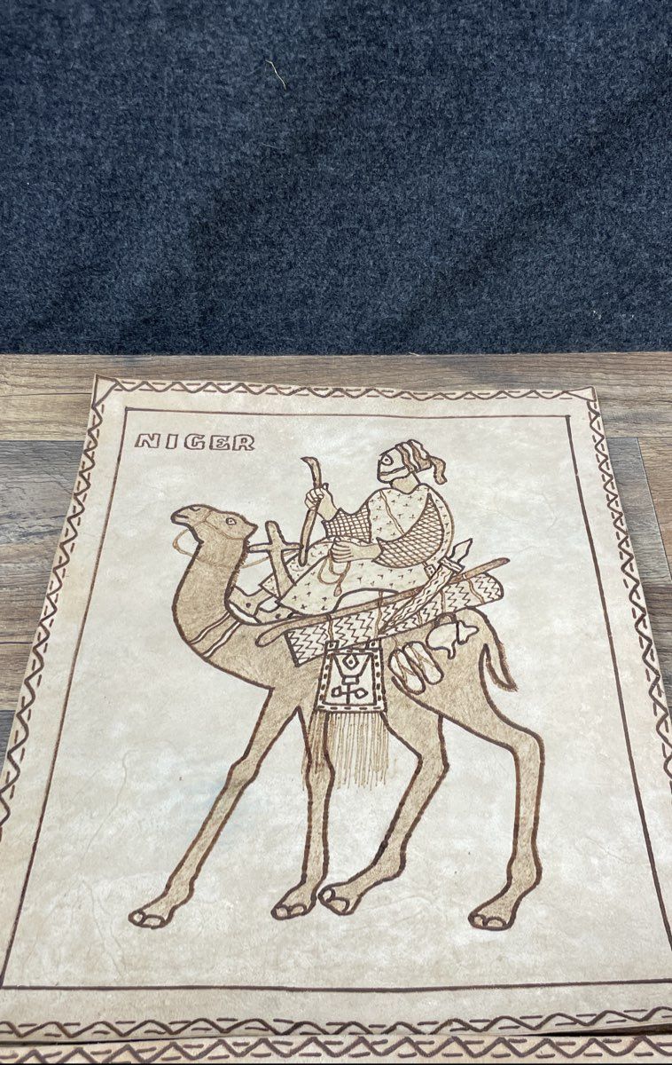 Vintage Lot of 2 Niger African Tooled Leather Art Camel Tuareg Wall Hanging