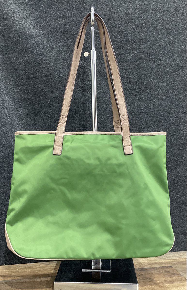 Dana Buchman Green Nylon Tote Bag Tan Faux Leather Trim Shoulder Purse Large