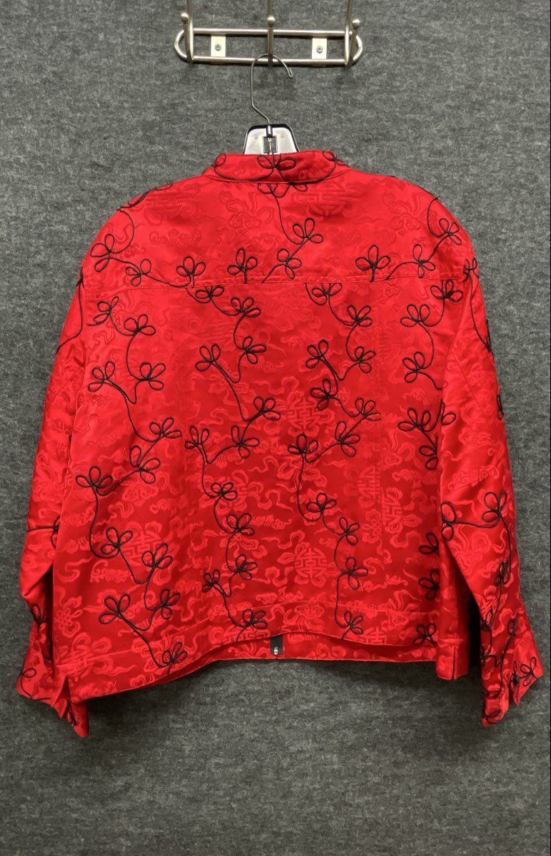 Vintage Y2K Chico's Design Women's Red Silk Embroidered Mandarin Jacket Sz 3