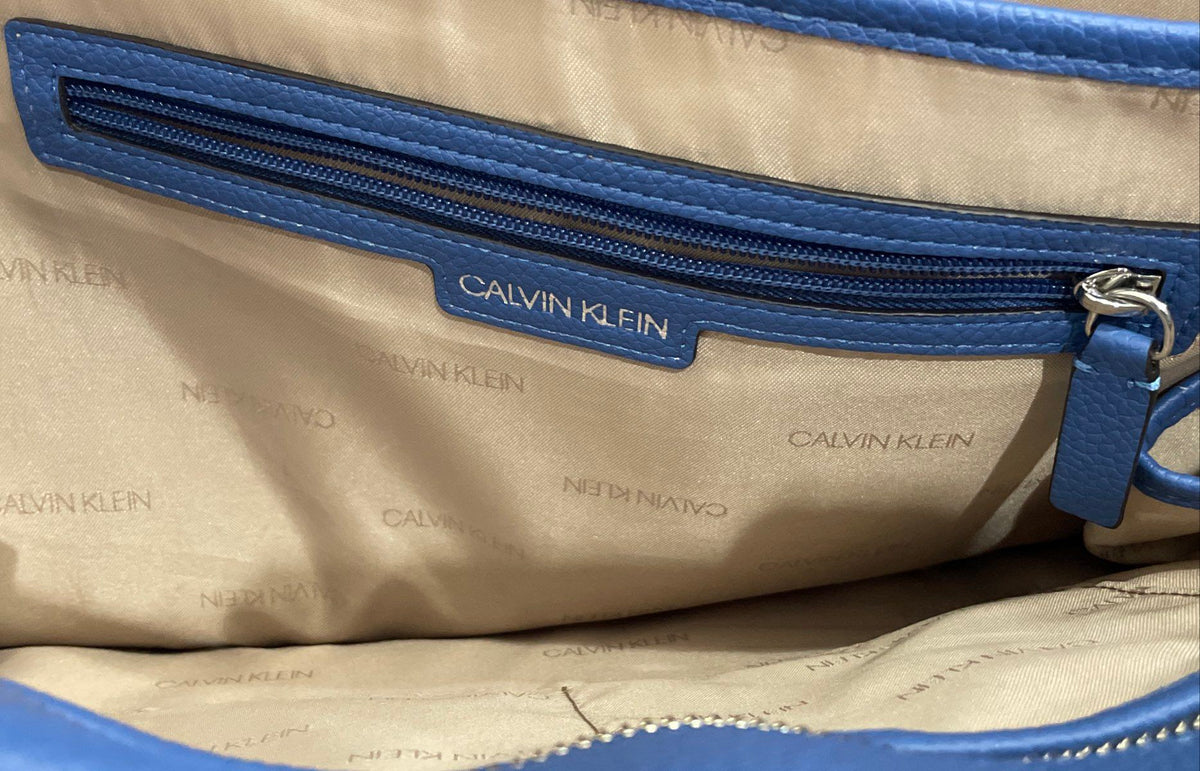 Calvin Klein Blue Pebbled Leather Tote Shoulder Bag Silver Hardware