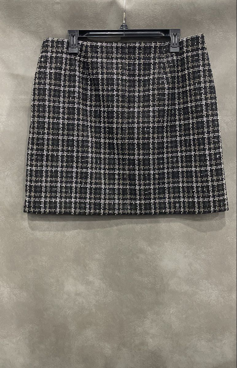 LOFT Women's Black White Plaid Tweed Metallic Gold Textured Mini Skirt Size 14