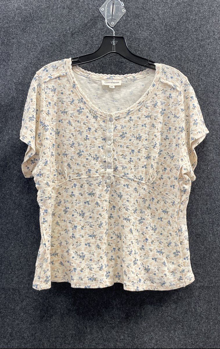 Lucky Brand Women's Cream Blue Floral Henley Short Sleeve Cotton Shirt Sz XXL