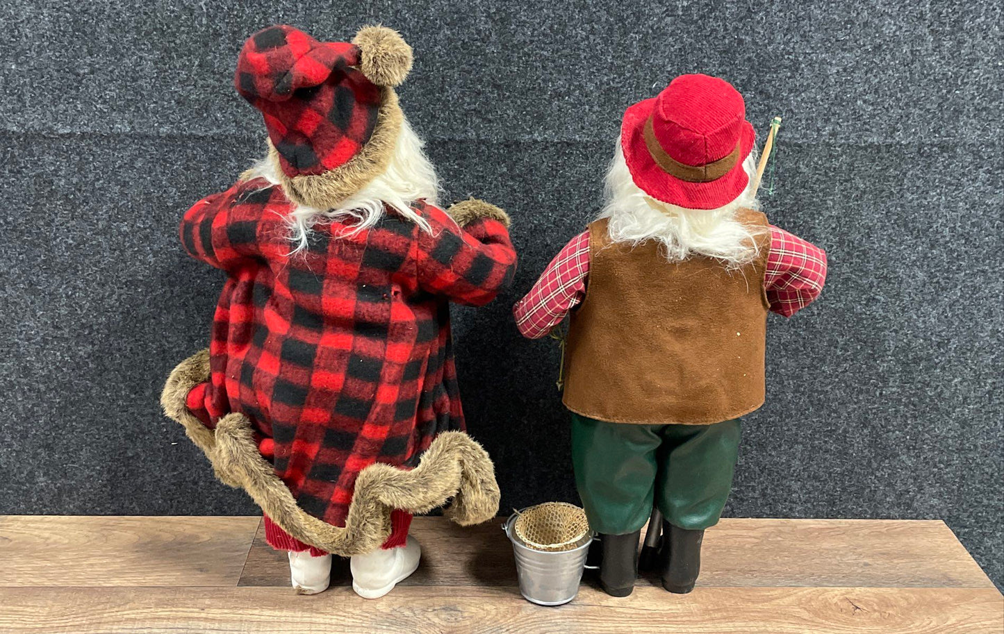 Lot of 2 Santa Claus Figures Fisherman & Rustic Plaid Holiday Tabletop Decor