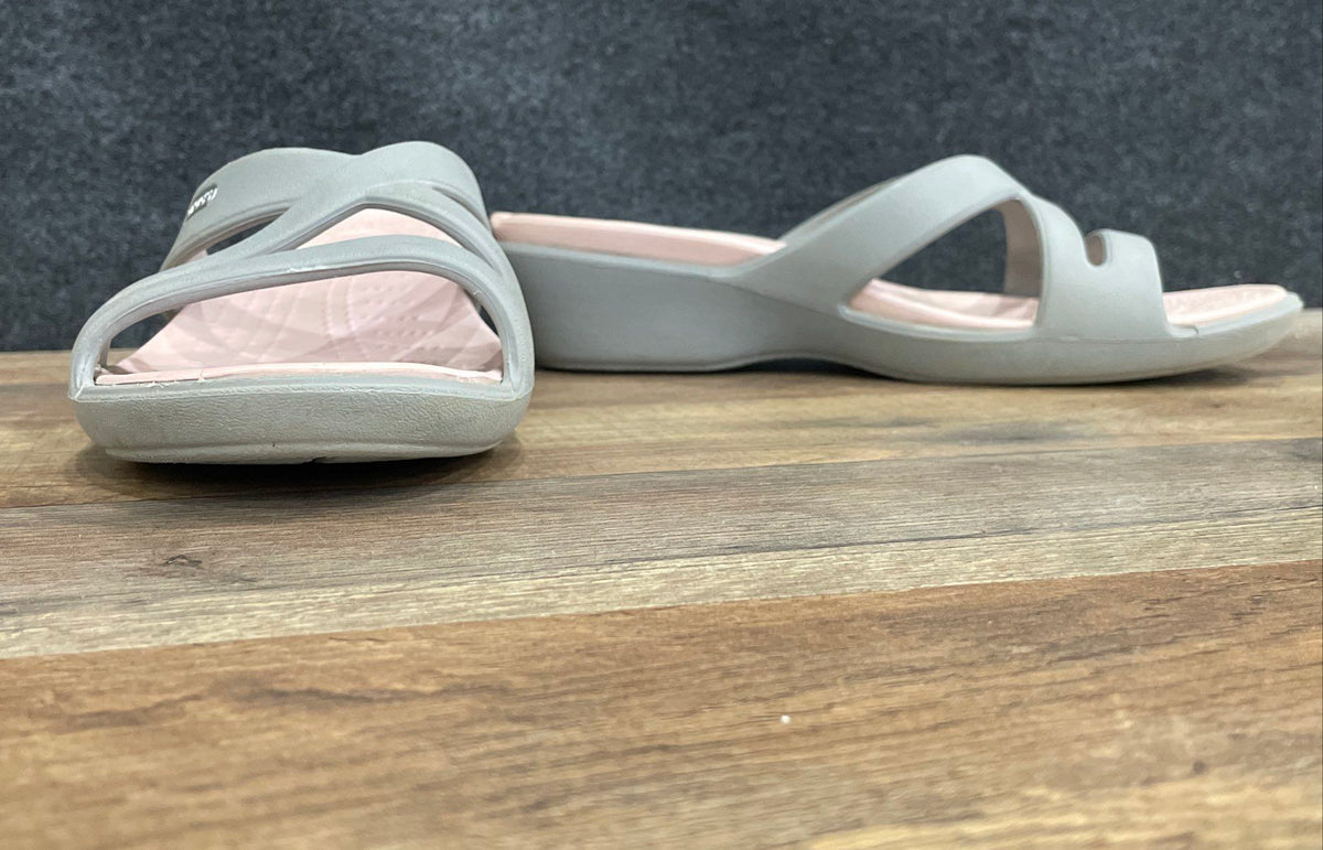 Crocs Meleen Twist Grey Pink Strappy Wedge Slide Sandals Women's Size 10