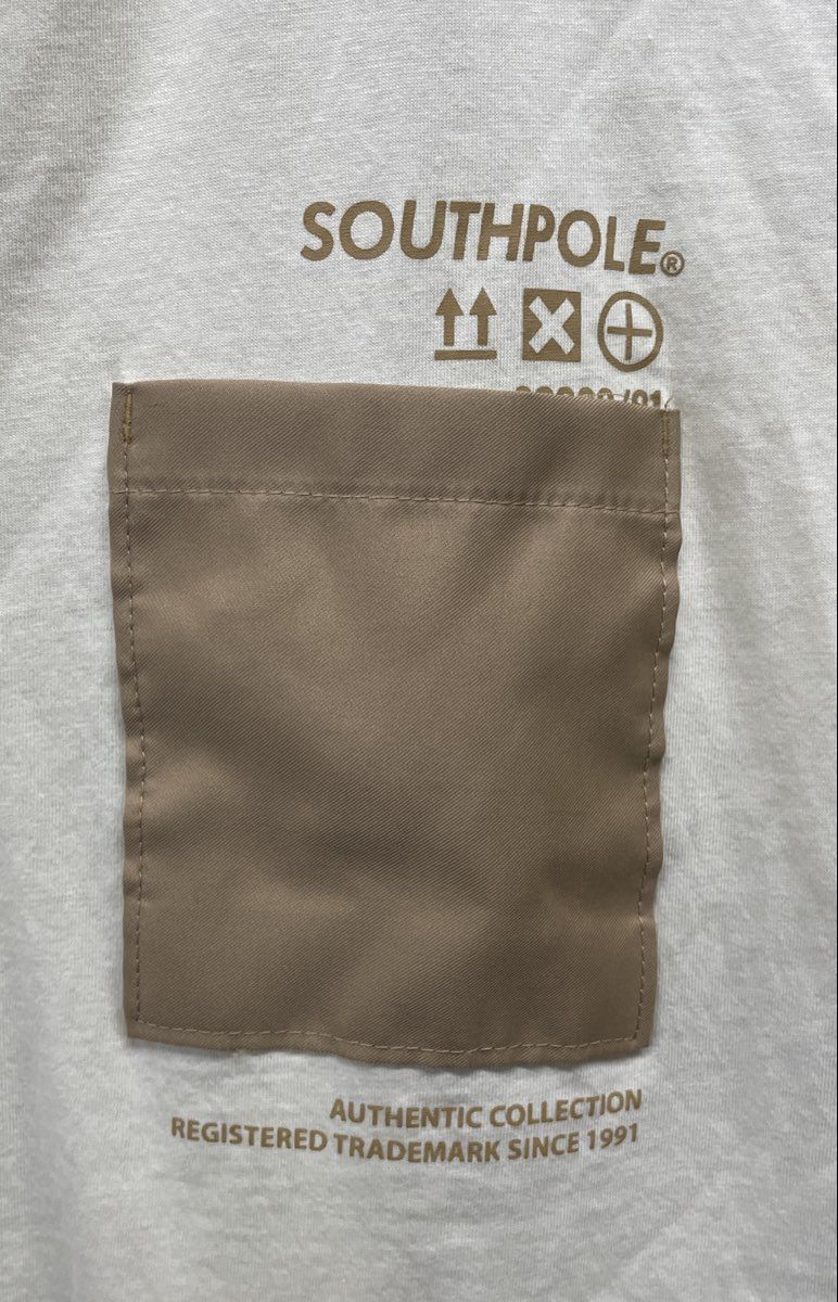 Southpole Men's Off-White T-shirt Contrast Tan Pocket Graphic Side Panels Sz L