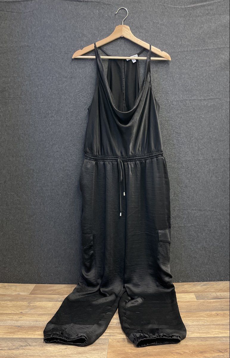 Steve Madden Women's Valencia Satin Cowl Neck Cargo Jumpsuit Black Sz L
