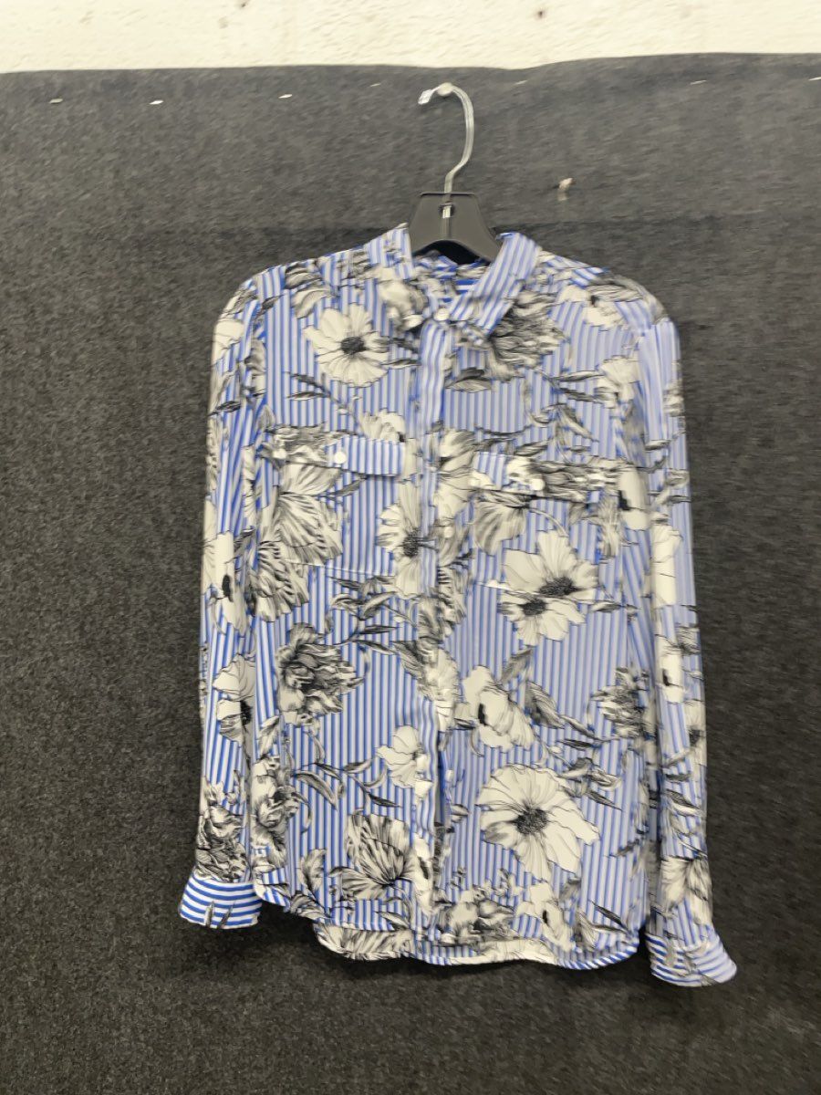 Jones Studio Women's Long Sleeve Shirt Blue White Striped Floral Sz S