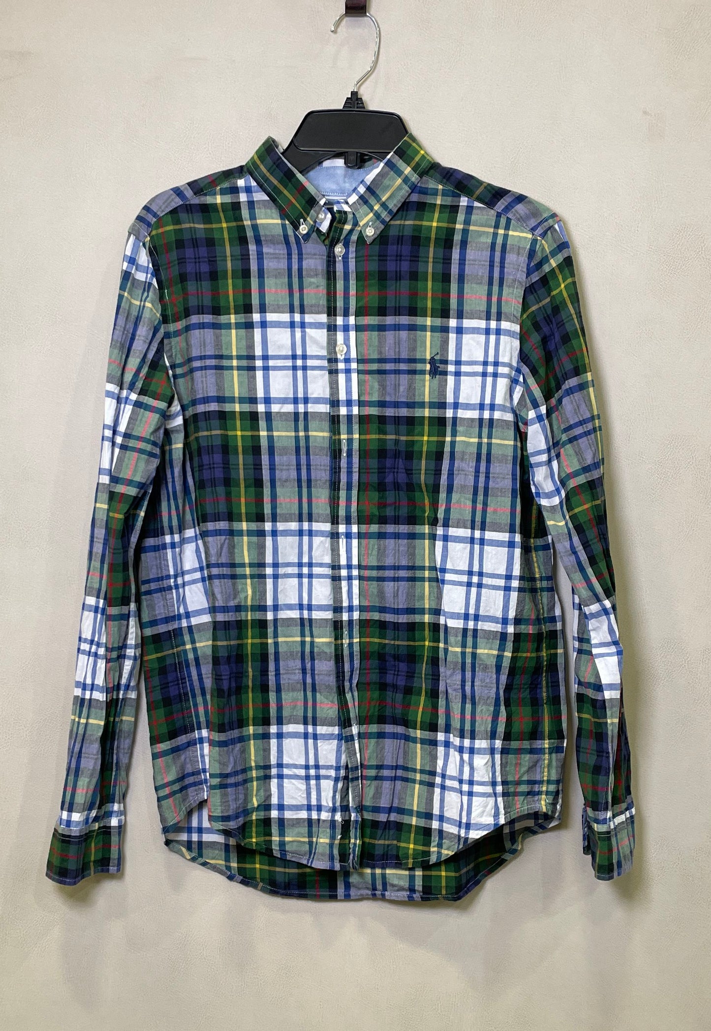 Ralph Lauren Boys Green Blue Plaid LS Button Down Shirt Pony Logo Sz XL 18-20