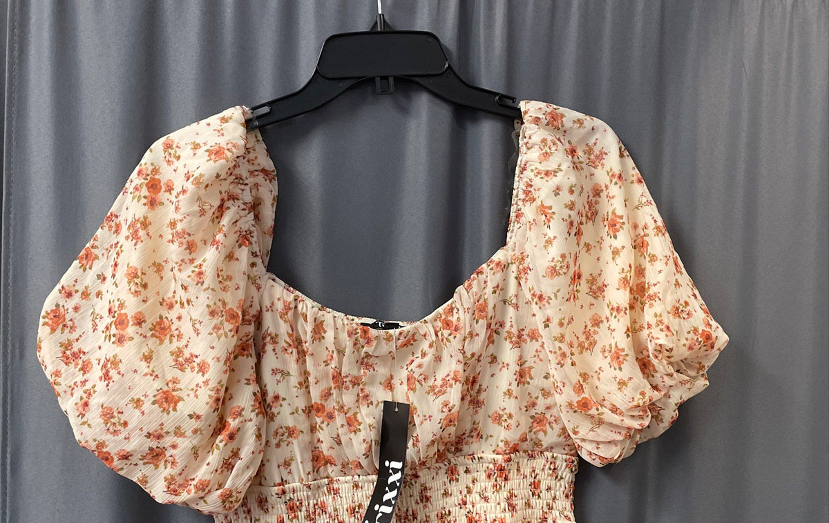 Trixxi Women's Cream Red Floral Puff Sleeve Tiered Mini Dress Size XL NWT