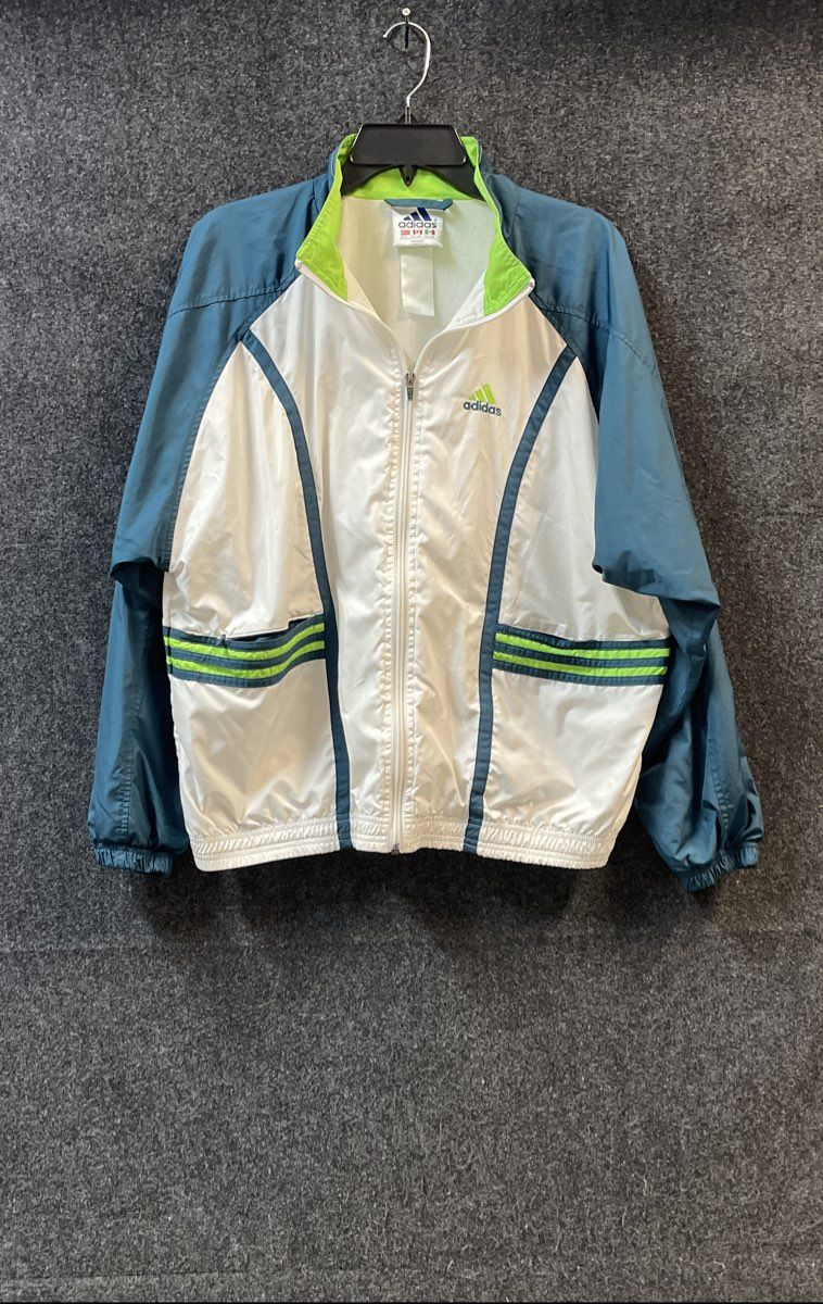 Vintage 90s Adidas Men's White Blue Lime Green Full Zip Windbreaker Jacket Sz L