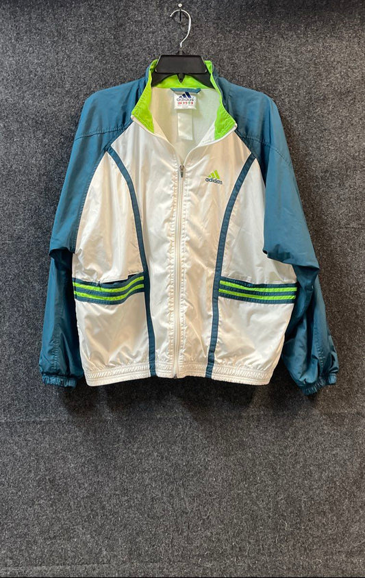 Vintage 90s Adidas Men's White Blue Lime Green Full Zip Windbreaker Jacket Sz L