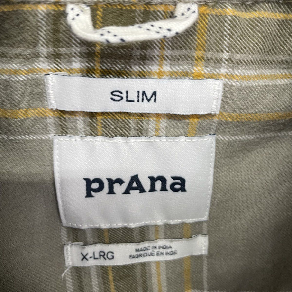 Prana Men's Slim Fit Plaid Organic Cotton Blend Button Up Shirt Tan Gray Sz XL