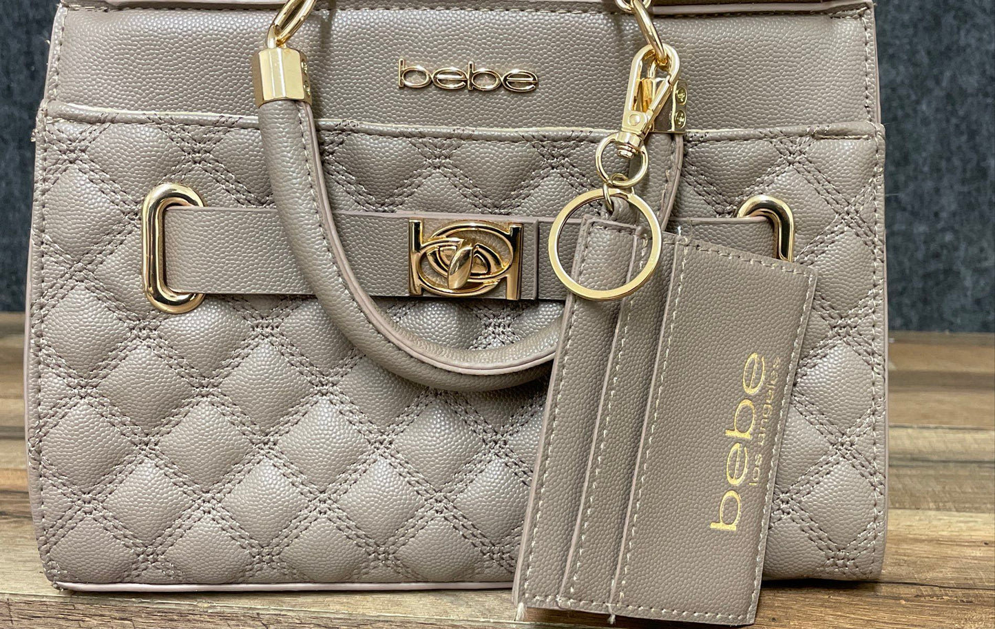 BEBE Taupe Quilted Faux Leather Satchel Crossbody Bag Gold Hardware Card Case