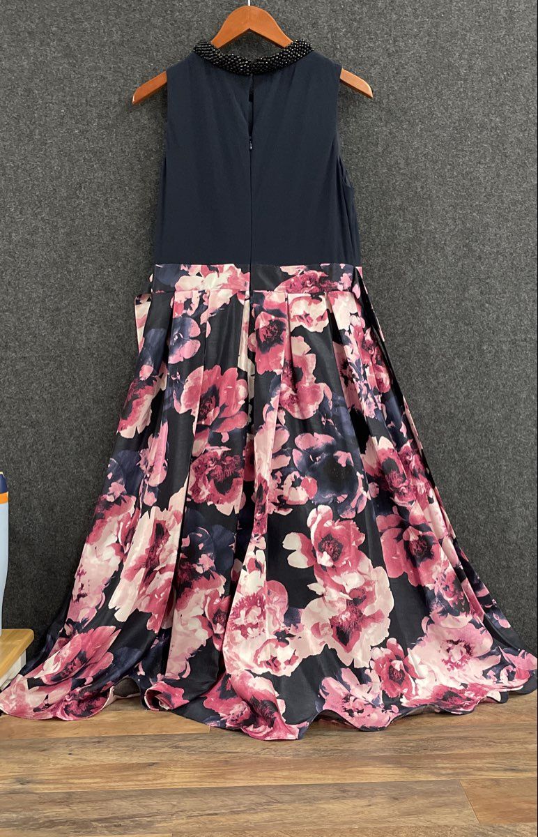 SLNY Women's Navy Blue Beaded Neckline High-Low Floral Evening Gown Dress Sz 12