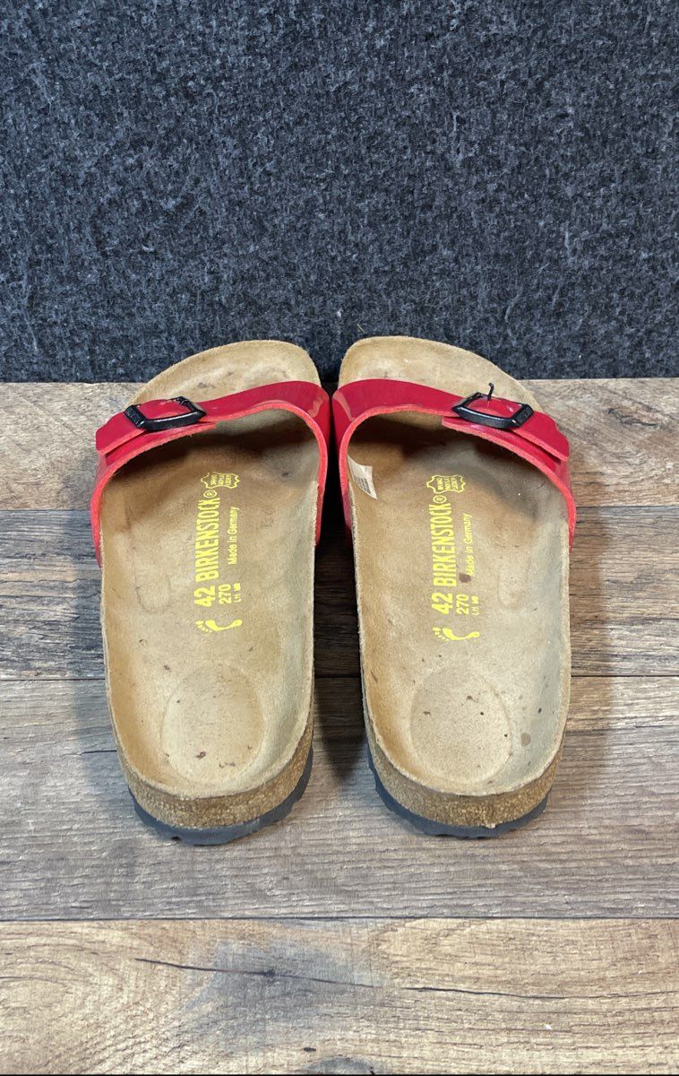 Birkenstock Madrid Red Glossy Patent Single Strap Slide Sandals Size 42