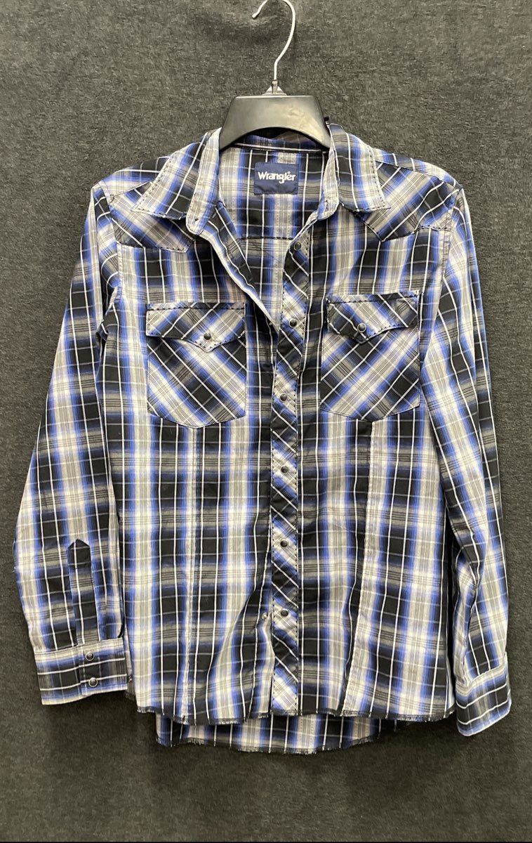 Wrangler Men's Blue Black White Plaid Long Sleeve Western Pearl Snap Shirt XL